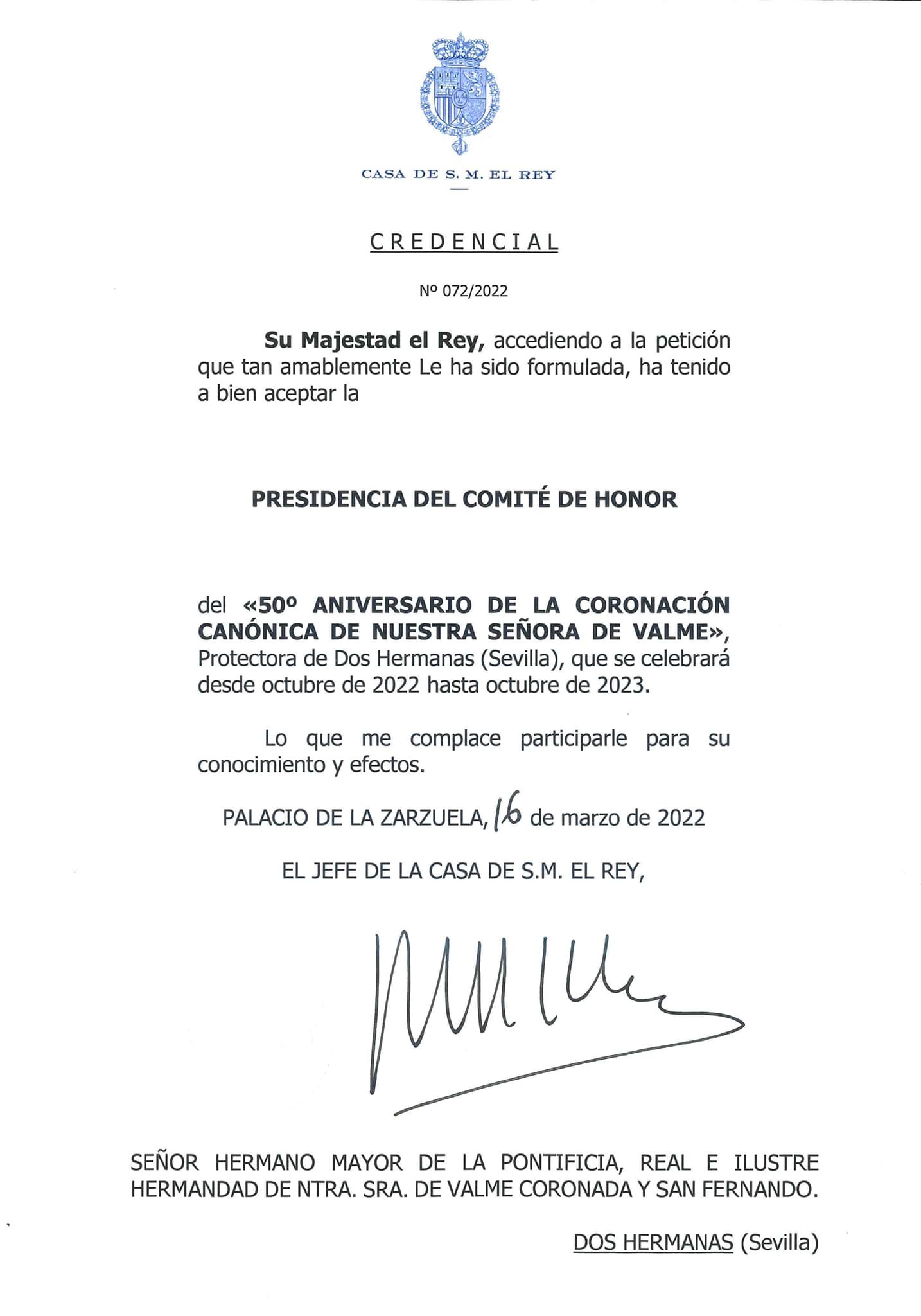 Su Majestad el Rey, D. Felipe VI, presidirá el Comité de Honor del 50º aniversario de la coronación canónica de la Virgen de Valme
